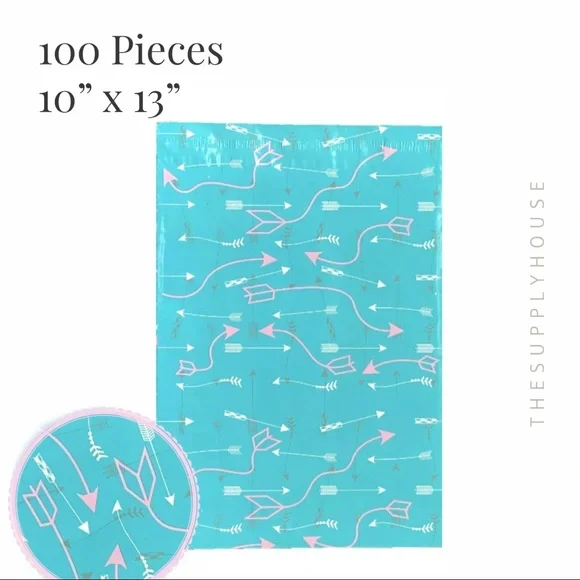 100 qty Poly Mailers Teal Arrow Pattern. Cute Shipping Envelopes 10x13 Bulk - Picture 2 of 4